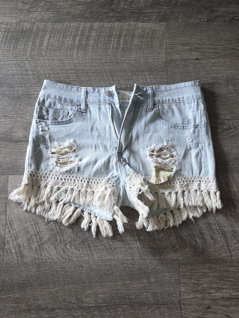 Altar'd State Light Blue Distressed Fringe Denim Shorts.